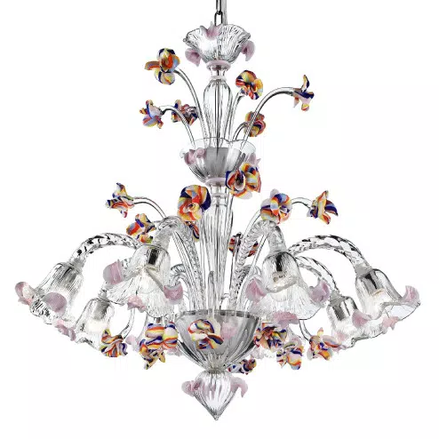 Carnevale 8 lights Murano chandelier with decorative tier, transparent polychrome color