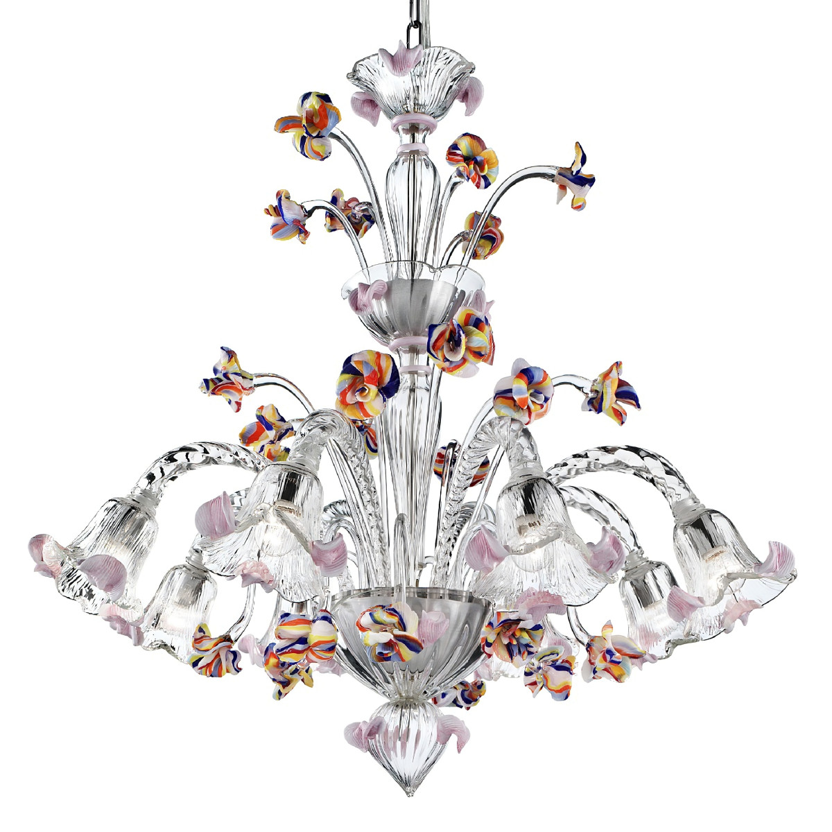 Carnevale 8 lights Murano chandelier with decorative tier, transparent polychrome color