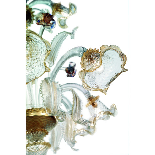 Canal Grande 8 lights Murano chandelier transparent gold with polychrome flowers - detail