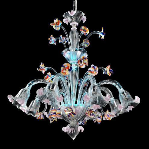 Carnevale 8 lights Murano chandelier with decorative tier, light blue LED