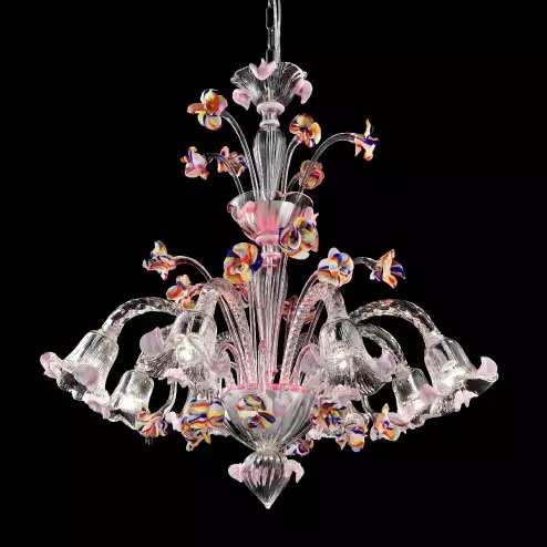 Carnevale 8 lights Murano chandelier with decorative tier, red LED