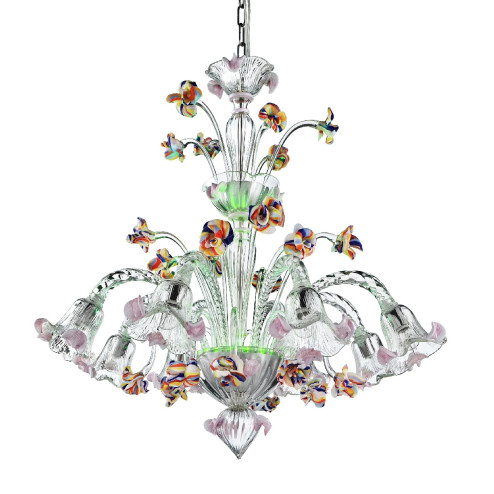 Carnevale 8 lights Murano chandelier with decorative tier, green LED