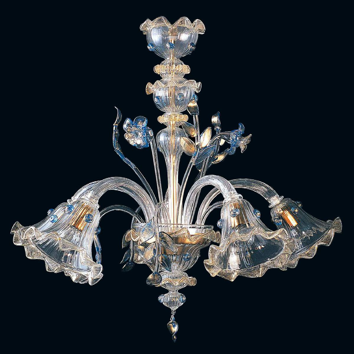 "Bessie" Murano glass chandelier - 5 lights - transparent, blue and gold