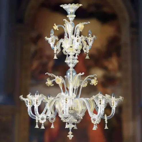 "Jarod" lampara de araña de Murano - 8+4 luces - transparente y oro