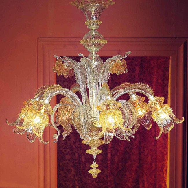 "Ellesse" Murano glass chandelier - 6 lights - transparent and amber