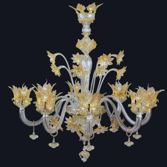 "Madeline" Murano glass chandelier - 8 lights - transparent and gold