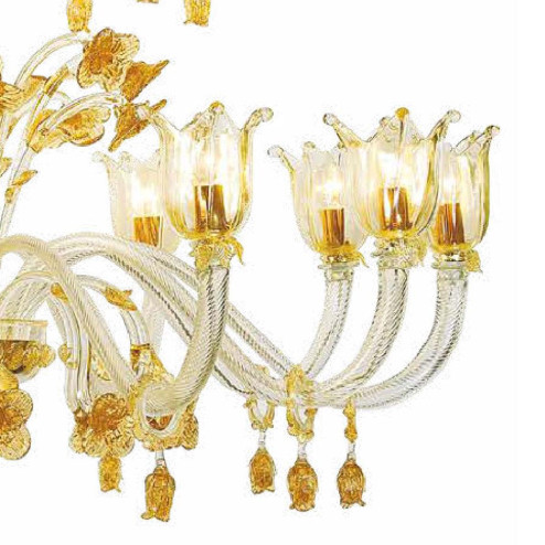 "Stevie" lustre en cristal de Murano - 12+8+4 lumière - transparent et or