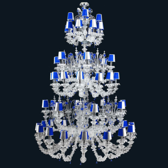 "Julien" lampara de araña de Murano con pantallas - 16+8+12+6+8+4 luces - transparente y azul