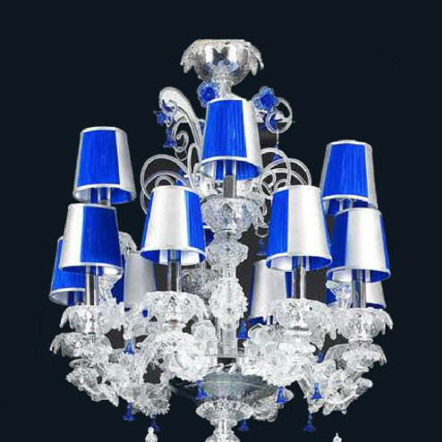 "Julien" lustre en cristal de Murano avec abat-jour - 16+8+12+6+8+4 lumière - transparent et bleu