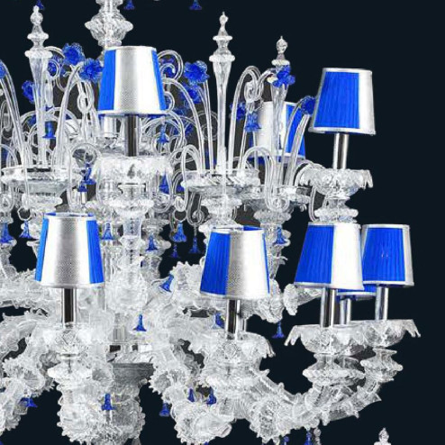 "Julien" Murano glass chandelier with lampshades - 16+8+12+6+8+4 lights - transparent and blue