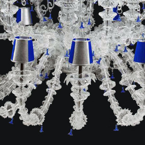 "Julien" lustre en cristal de Murano avec abat-jour - 16+8+12+6+8+4 lumière - transparent et bleu