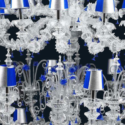 "Julien" Murano glass chandelier with lampshades - 16+8+12+6+8+4 lights - transparent and blue
