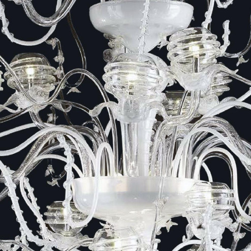 "Dakota" lustre en cristal de Murano - 18+7 lumières - transparent, blanc et argent