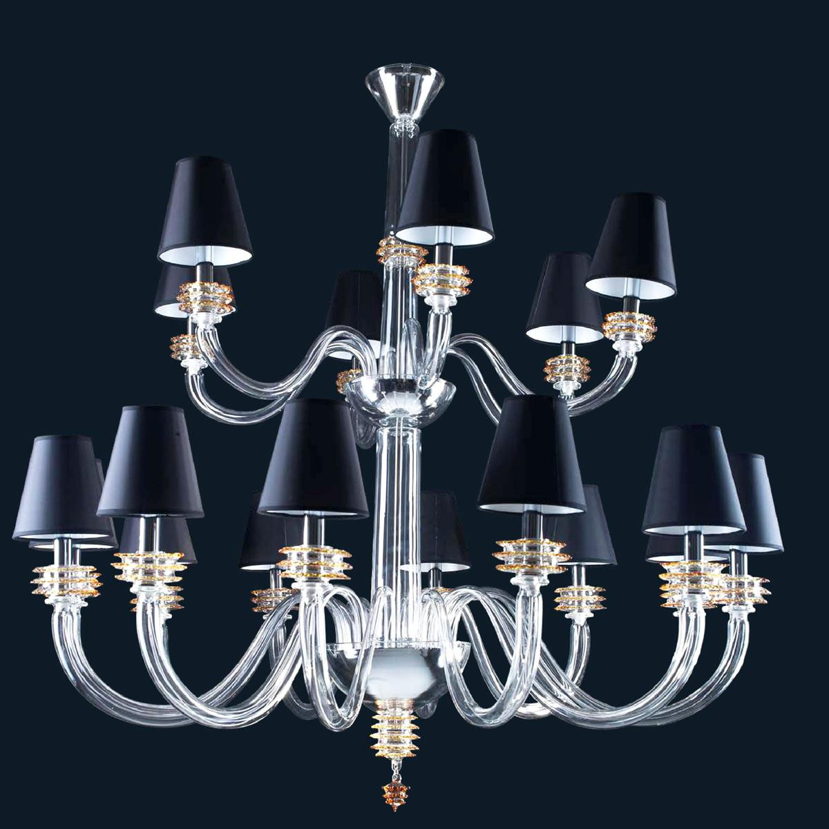 "Dainton" Murano glass chandelier with lampshades - 12+6 light - transparent and topaz