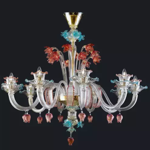 "Evangeline" Murano glass chandelier - 8 lights - transparent, multicolor and gold