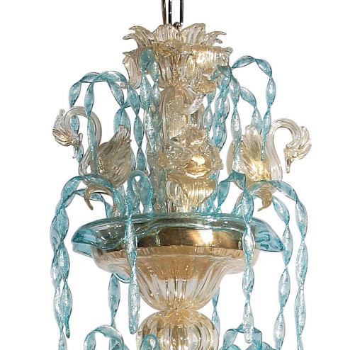 "Cigni" 6 lights gold and azure Murano glass chandelier