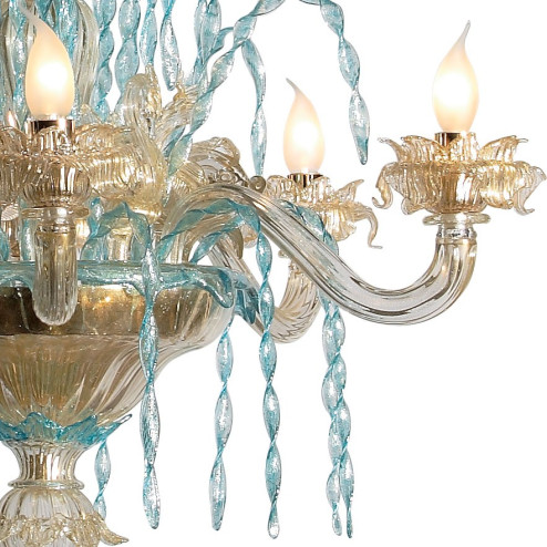 "Cigni" 6 lights gold and azure Murano glass chandelier