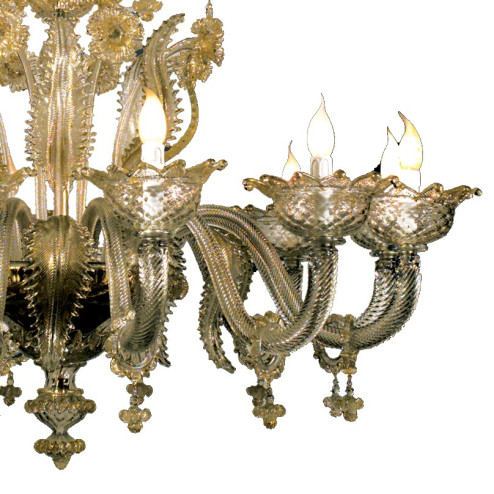"Torcello" 12 + 6 lights transparent and gold Murano glass chandelier