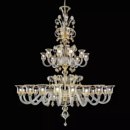 "Godano" lustre en cristal de Murano - 16+8 lumières - transparent et or
