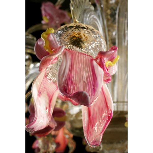 "Delizia" 8 lights pink flowers tall Murano glass chandelier