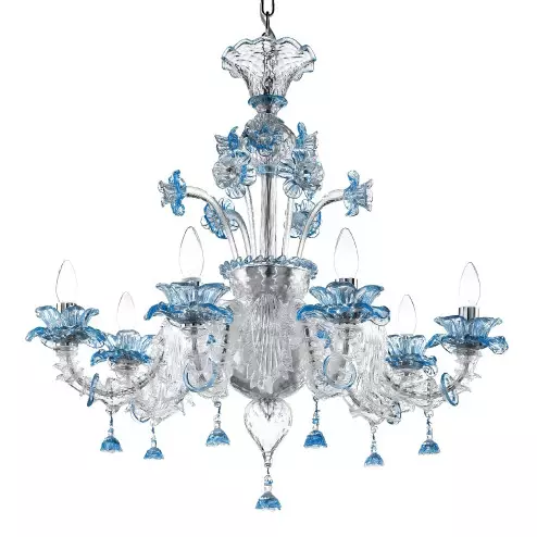 "Nada" Murano glass chandelier - 6 lights - transparent and light blue