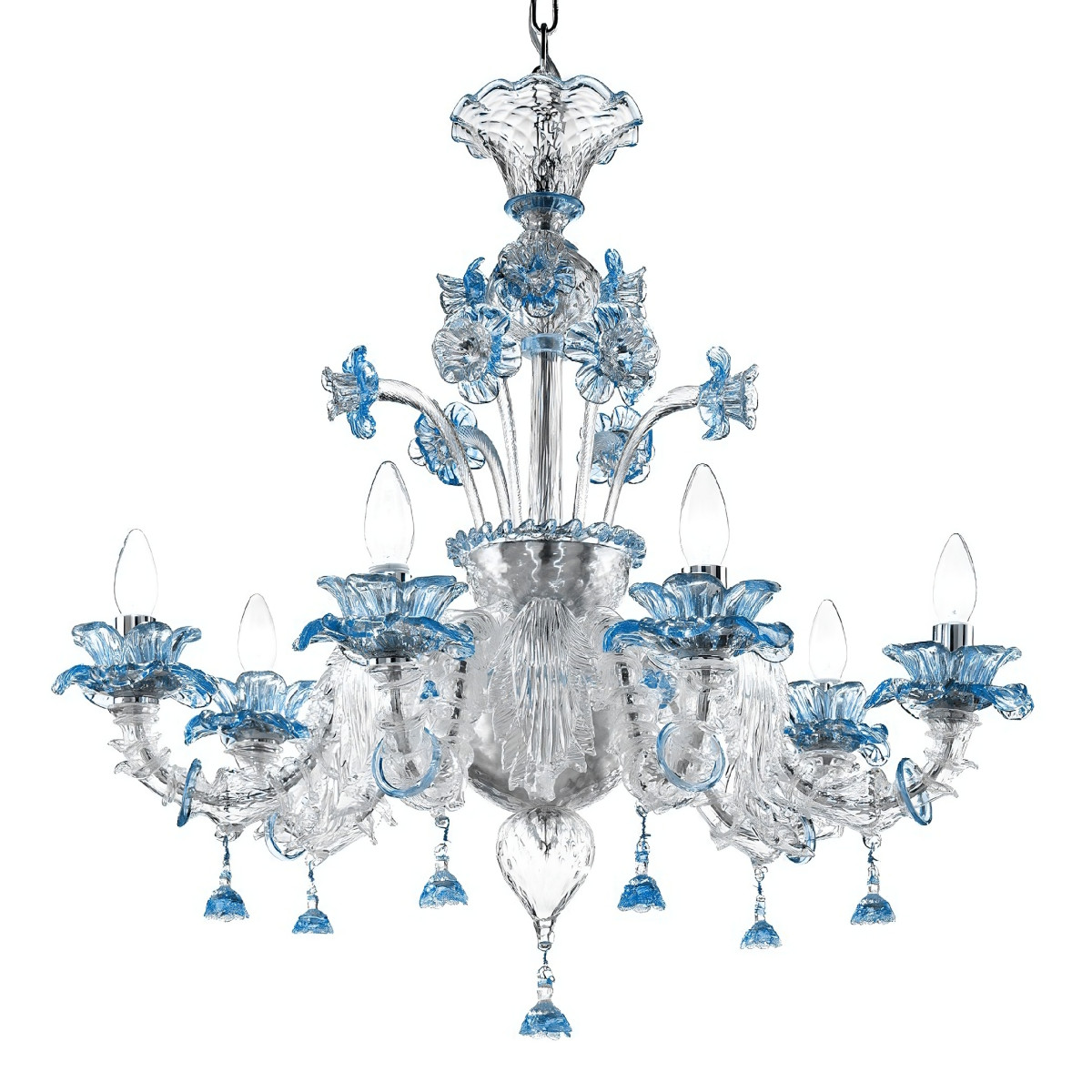 "Nada" lustre en verre de Murano - 6 lumieres - transparent et bleu